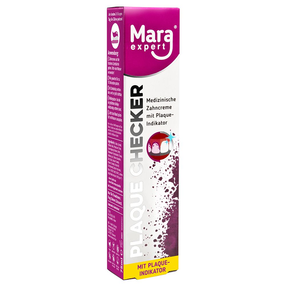 Tandpastatube Mara expert Plaque Checker. Medische tandpasta met plaque-indicator. Roze-wit ontwerp.