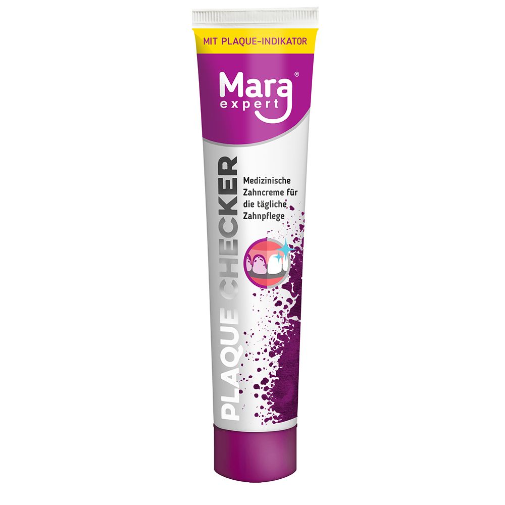 Tandpastatube Mara expert Plaque Checker. Medische tandpasta voor dagelijkse tandverzorging. Wit-paars ontwerp.