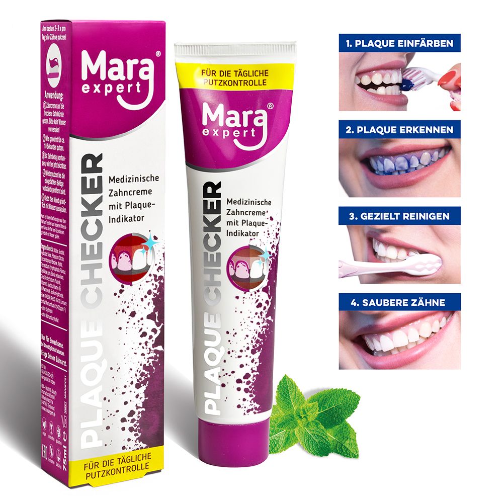 Tandpastatube en doos Mara expert Plaque Checker. Medische tandpasta met plaque-indicator. Instructies.
