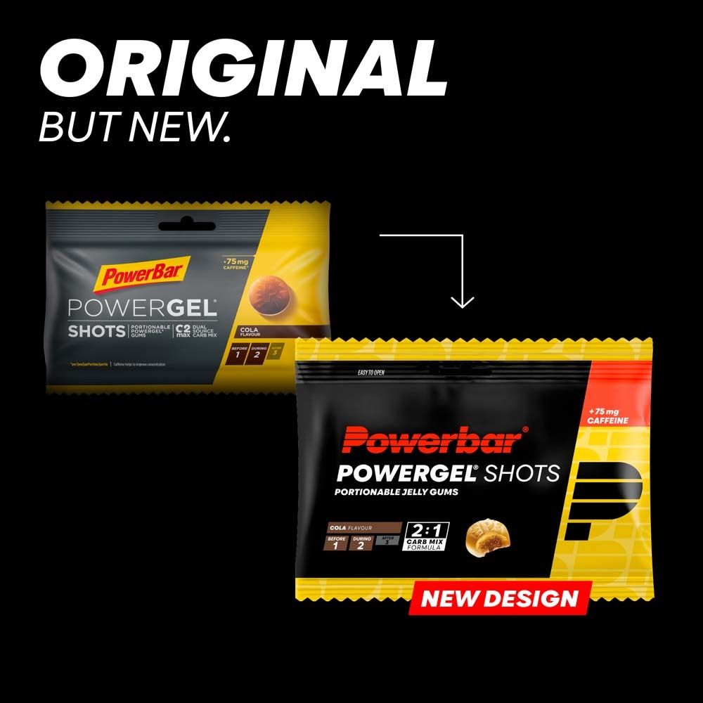 Comparaison des emballages Powerbar Powergel Shots. À gauche : ancien design. À droite : nouveau design. Les deux affichent le nom et le logo.