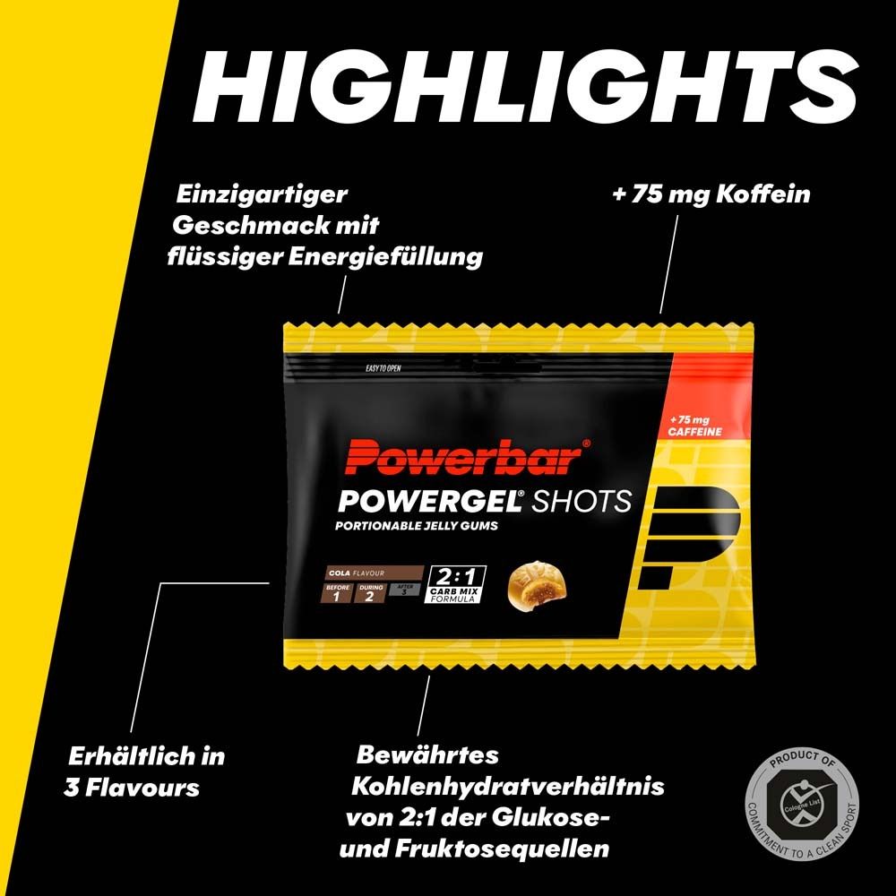 Powerbar Powergel Shots Cola. Emballage avec nom et logo du produit. Texte : +75 mg caféine, 3 saveurs, rapport glucides 2:1.