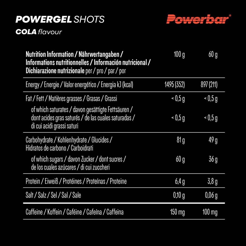 Tableau nutritionnel pour Powerbar Powergel Shots Cola. Informations en plusieurs langues. Contient des données sur l'énergie, les graisses, les glucides, les protéines, le sel et la caféine.