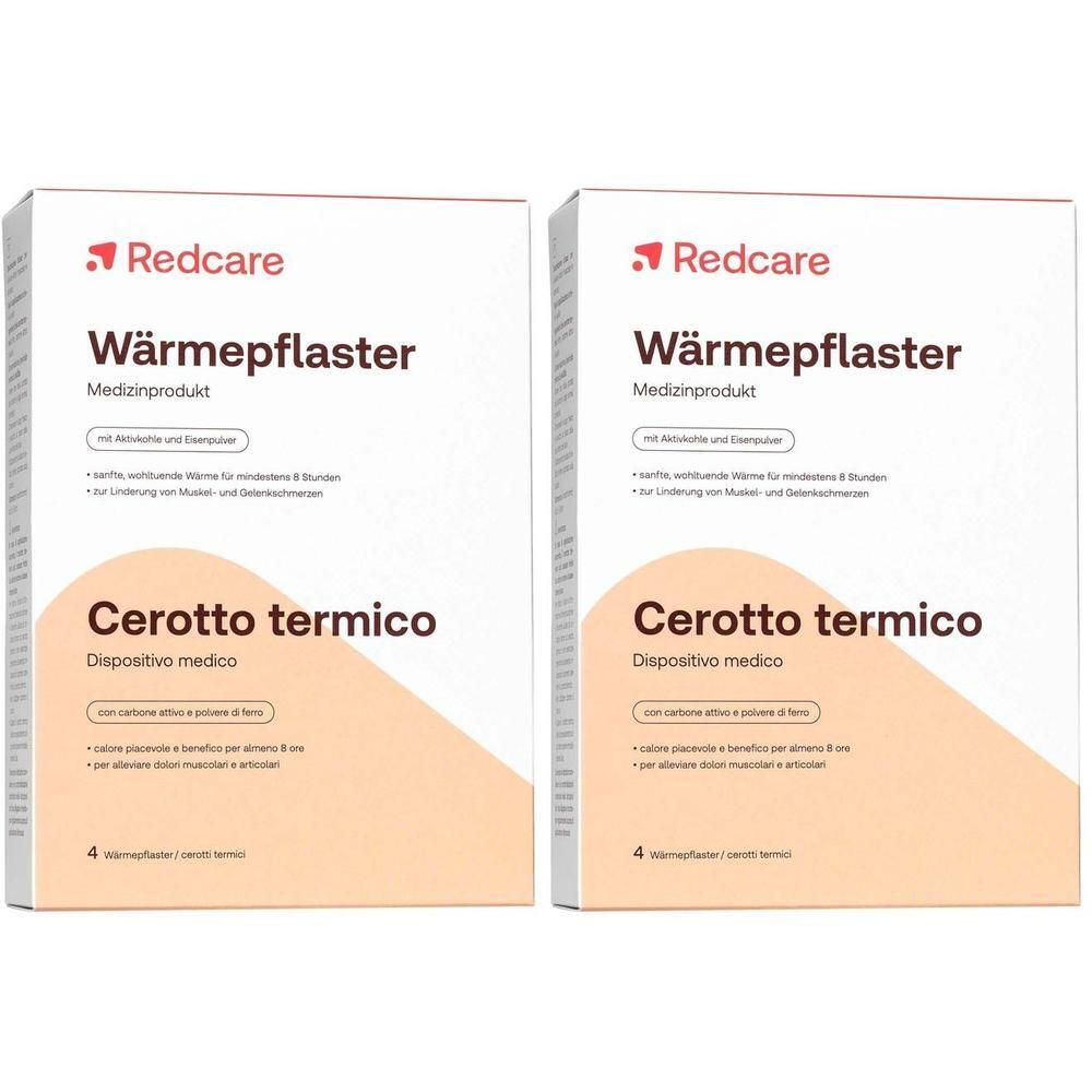 Twee pakken Redcare warmtepleisters met aanduiding '2=1'.