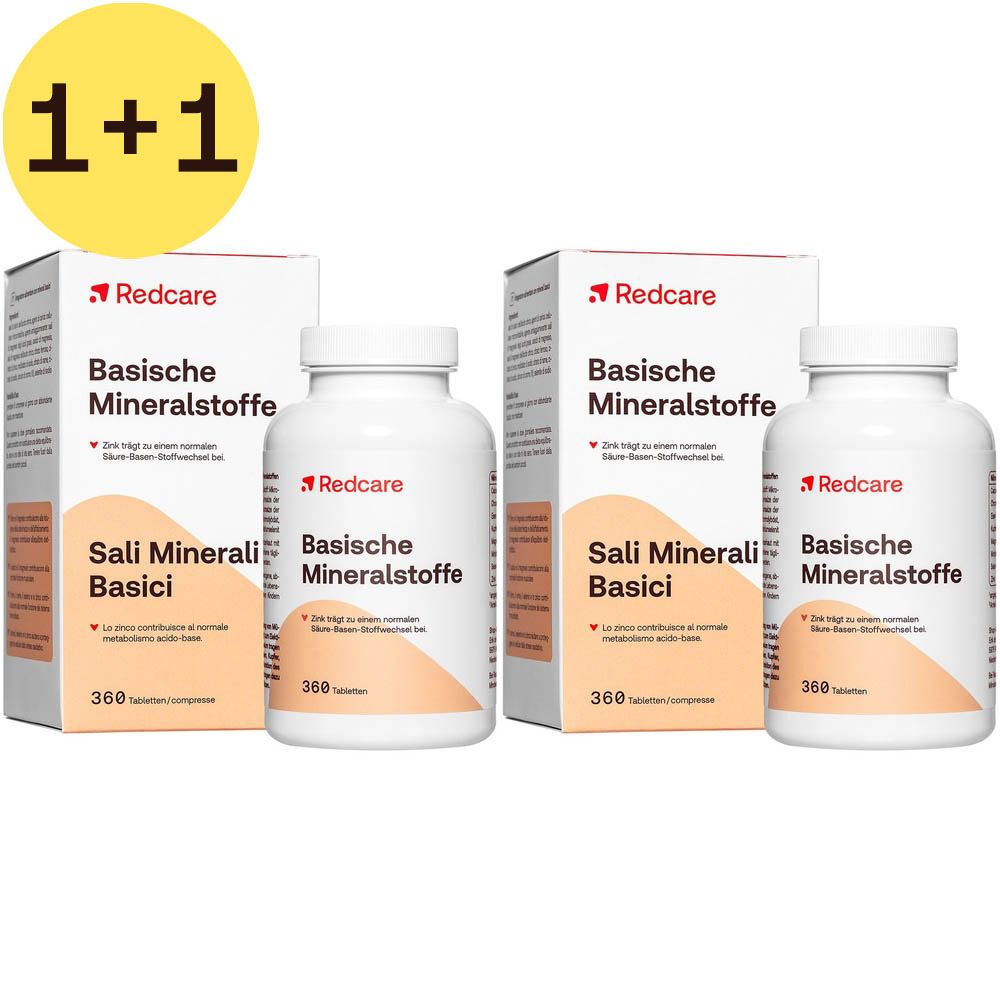 Deux boîtes et deux bouteilles de Redcare Basische Mineralstoffe. Inscription : Basische Mineralstoffe, 360 comprimés.