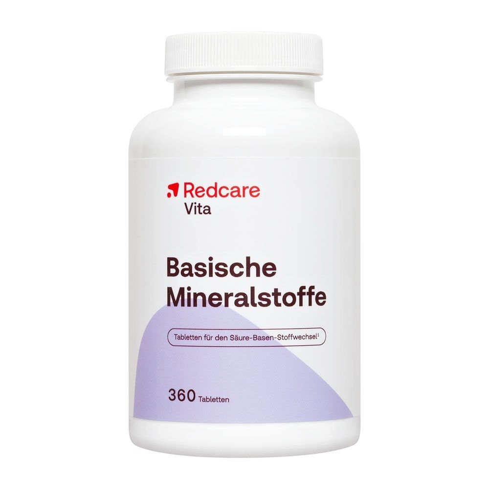 Een fles Redcare Vita Basische Mineralstoffen met 360 tabletten.