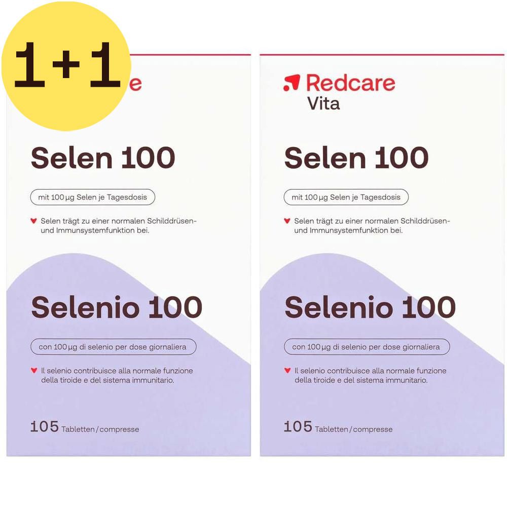 Twee verpakkingen Redcare Selen 100. Sticker '1+1'. Witte verpakking met productinformatie. 105 tabletten.