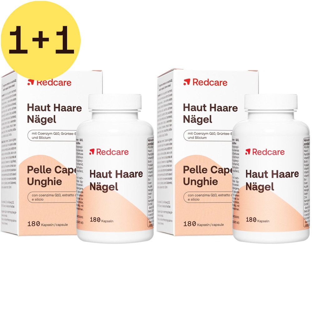 Twee flessen en twee dozen Redcare Huid Haar Nagels. Opschrift: 180 capsules. 1+1 aanbieding.