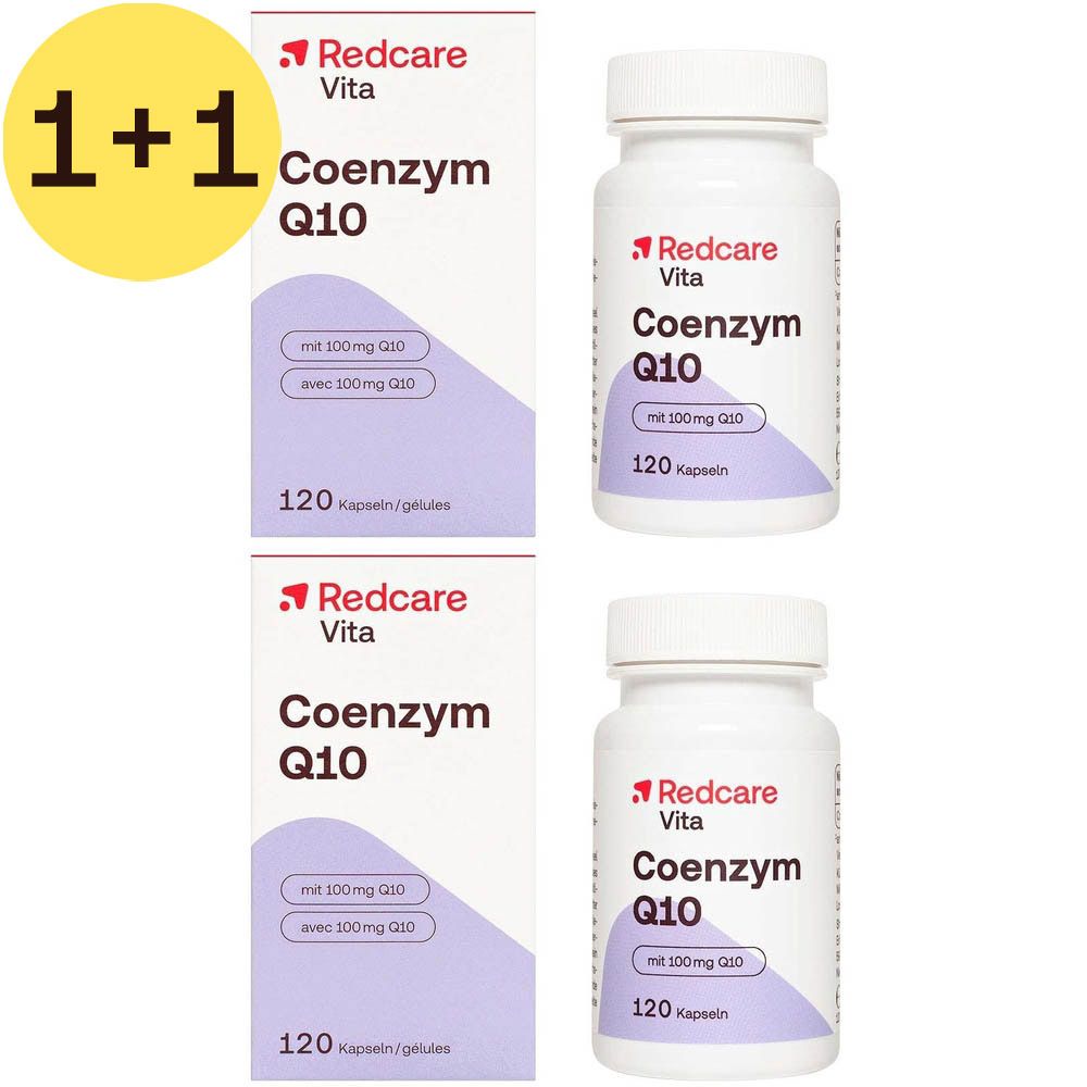 Twee dozen en twee flessen Redcare Co-enzym Q10. Op de dozen en flessen staat "Co-enzym Q10" en "120 capsules".