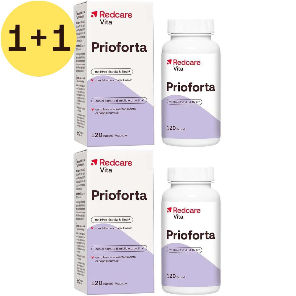 Deux paquets et deux bouteilles de Redcare Prioforta. Inscription : 120 gélules. Avec biotine et vitamine B5.