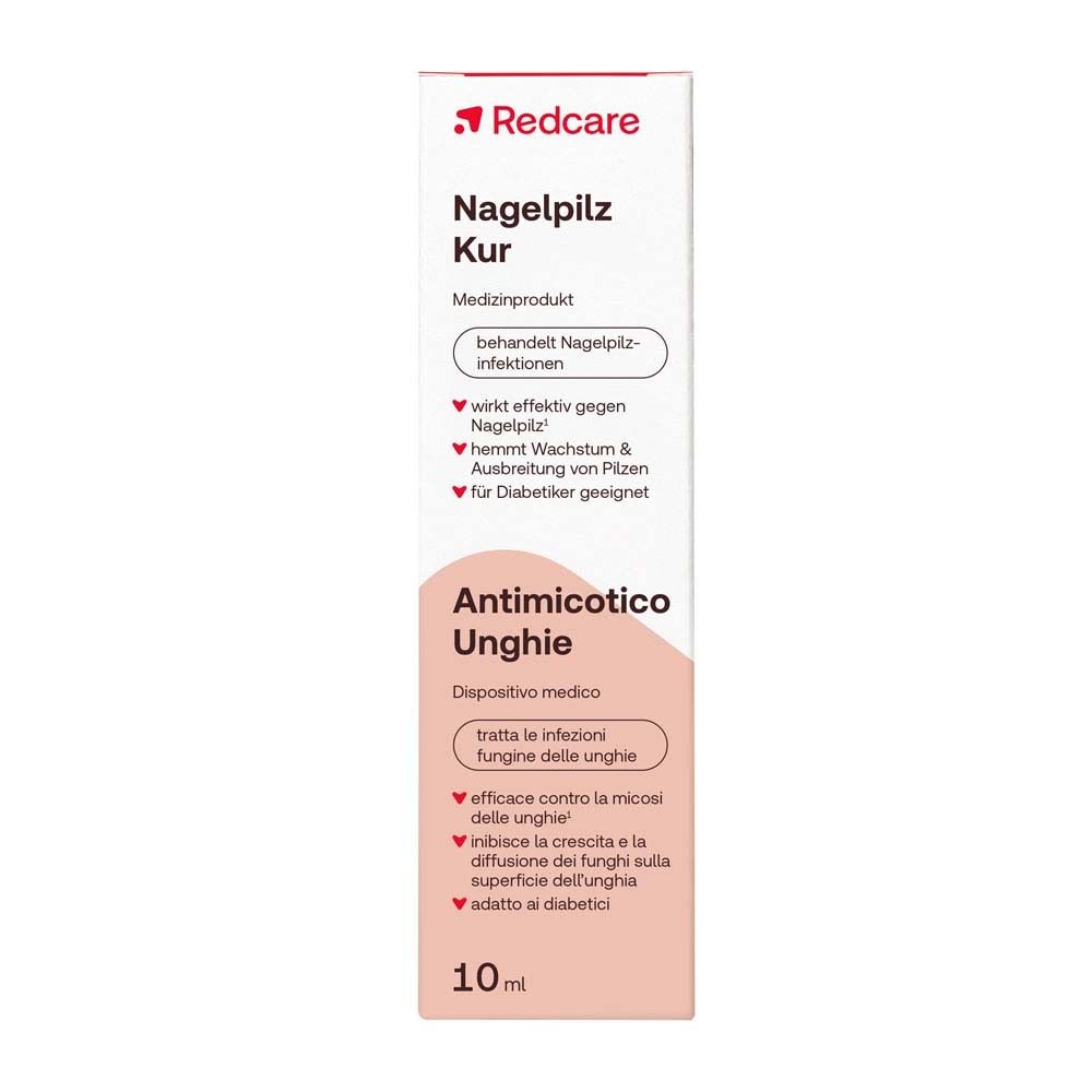 Redcare Nagelpilz Kur : Un paquet avec une bouteille de 10 ml, médicalement efficace contre le champignon des ongles.
