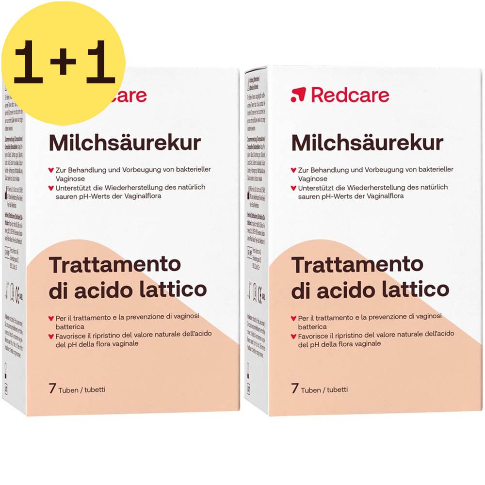 Deux boîtes de Redcare Milchsäurekur avec autocollant 1+1. Inscription : Milchsäurekur, 7 tubes.