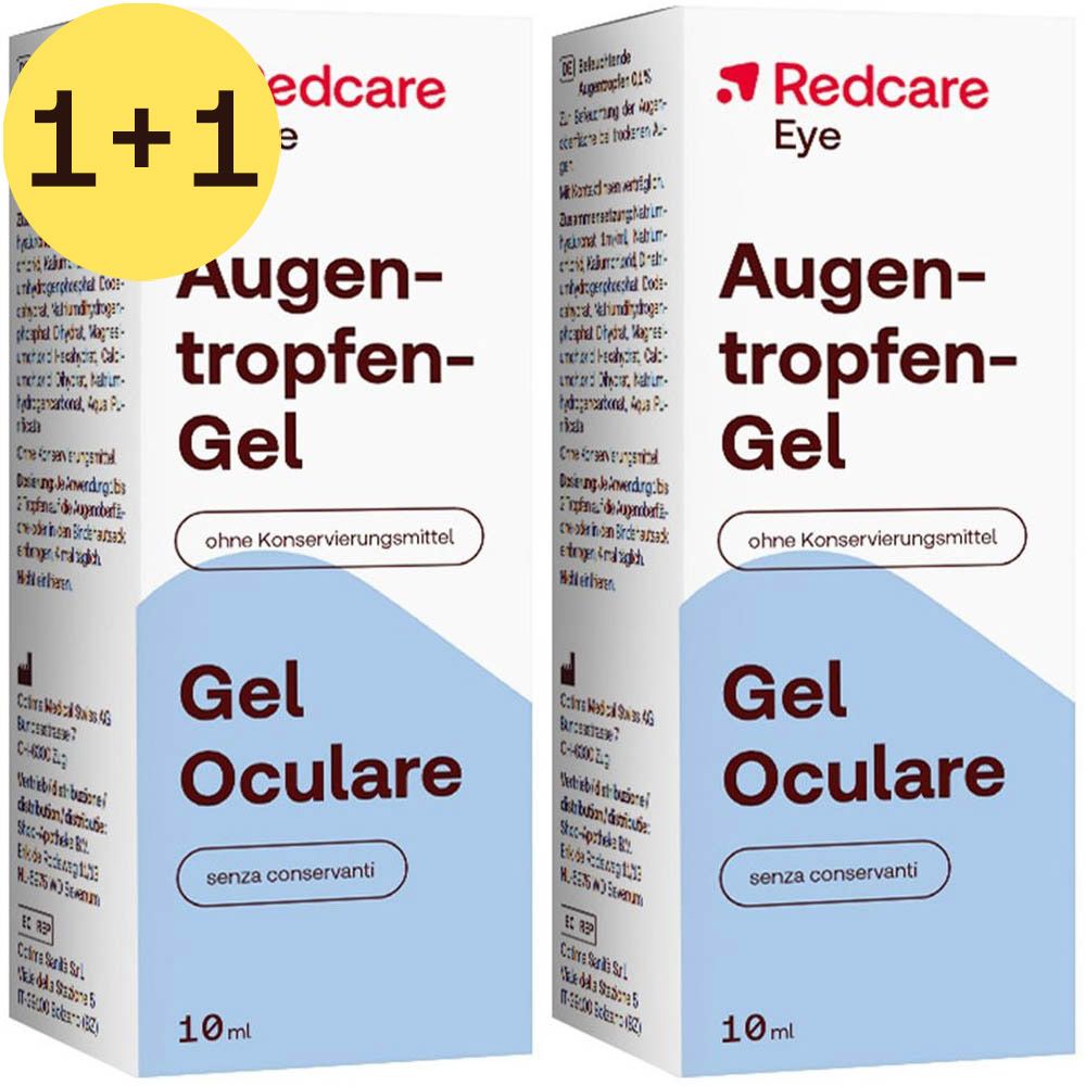 Twee verpakkingen Redcare oogdruppelgel. Opschrift "1+1". Witte dozen met productnaam en "zonder conserveermiddelen".