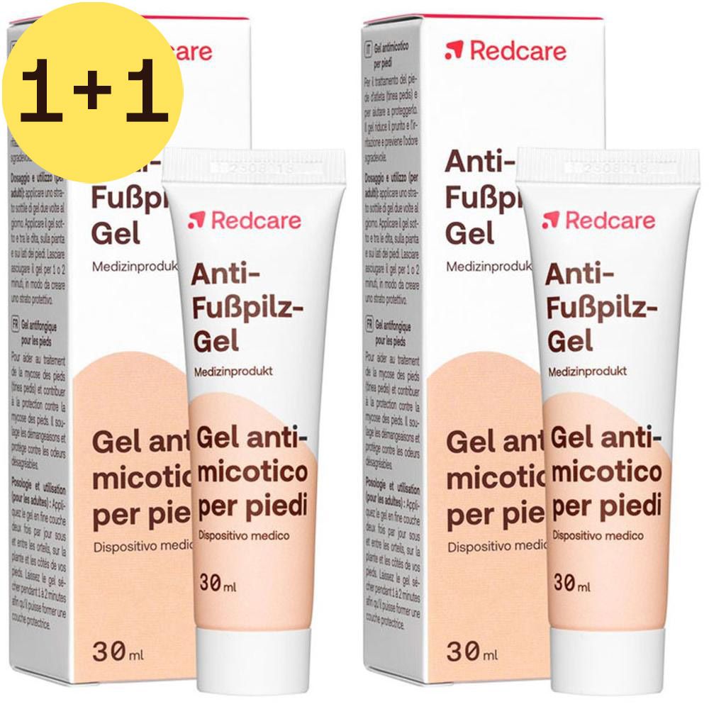 Deux tubes et deux boîtes de gel antifongique pour les pieds. Étiquette jaune 1+1. Nom et logo du produit visibles.