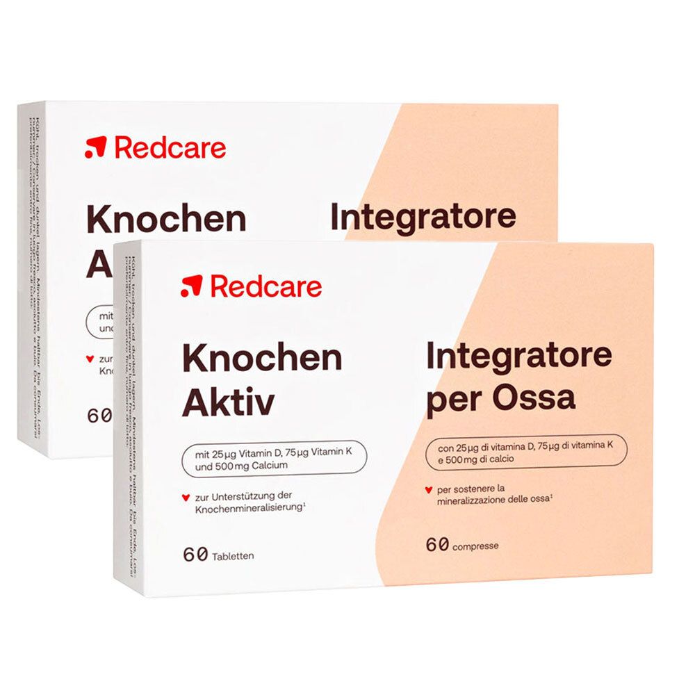 Deux boîtes de Redcare Knochen Aktiv, 60 comprimés. Contient de la vitamine D, K et du calcium. Pour la minéralisation osseuse.