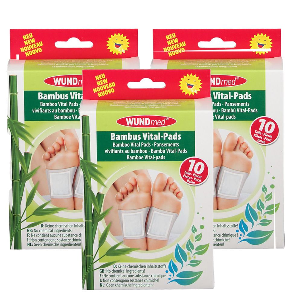 Emballage de WUNDmed Bambus Vital-Pads. Montre des pieds avec des coussinets. Contient 10 pièces. Texte : Nouveau, Bambus Vital-Pads, sans ingrédients chimiques.