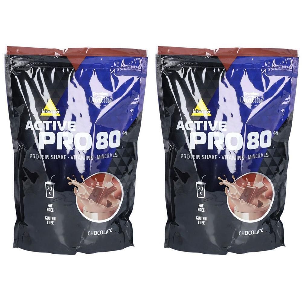 Twee zakken Inkospor Active Pro 80 Schokolade. Zwarte verpakking met productnaam en afbeelding van chocolade.