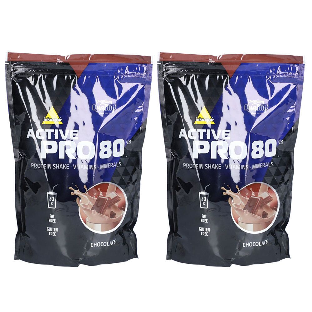 Deux sachets Inkospor Active Pro 80 Schokolade. Emballage noir avec nom du produit et image de chocolat.