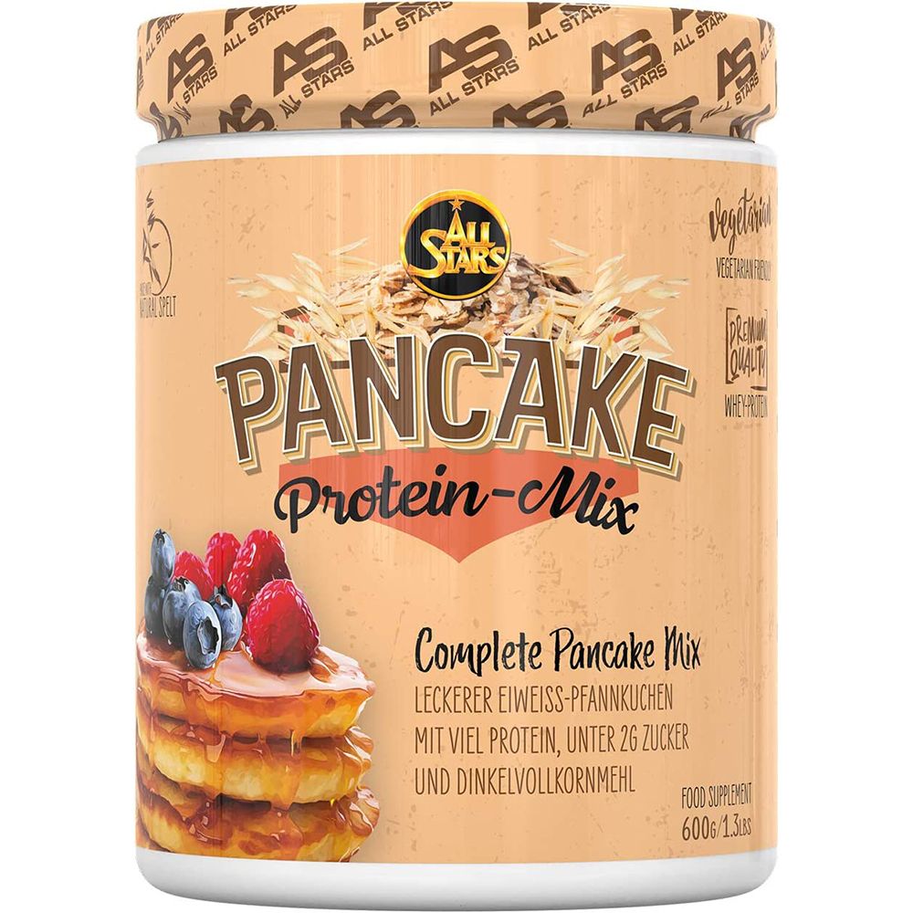 All Stars Pancake Protein Mix pot met afbeelding van pannenkoeken.