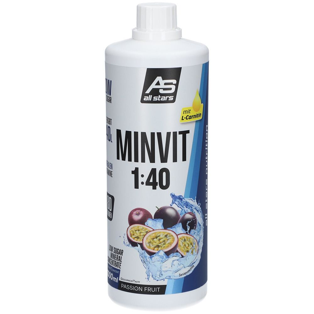 Fles All Stars MINVIT 1:40 passievrucht concentraat met L-Carnitine en fruit.