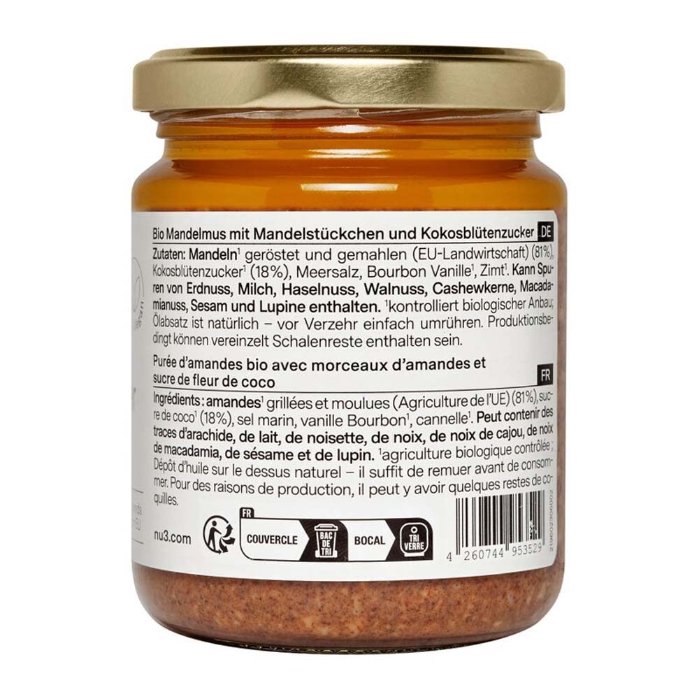 Dos du pot de crème d'amandes bio nu3. Liste des ingrédients, informations nutritionnelles, label DE-ÖKO-006, label vegan.