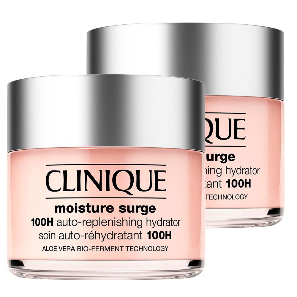 Deux pots roses avec couvercles argentés. Sur le devant, "CLINIQUE moisture surge 100H auto-replenishing hydrator".