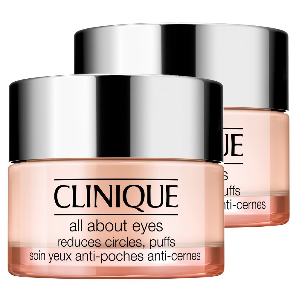 Deux pots de crème pour les yeux CLINIQUE All About Eyes™. Verre rose, couvercle argenté. Inscription : réduit les cernes, les poches.