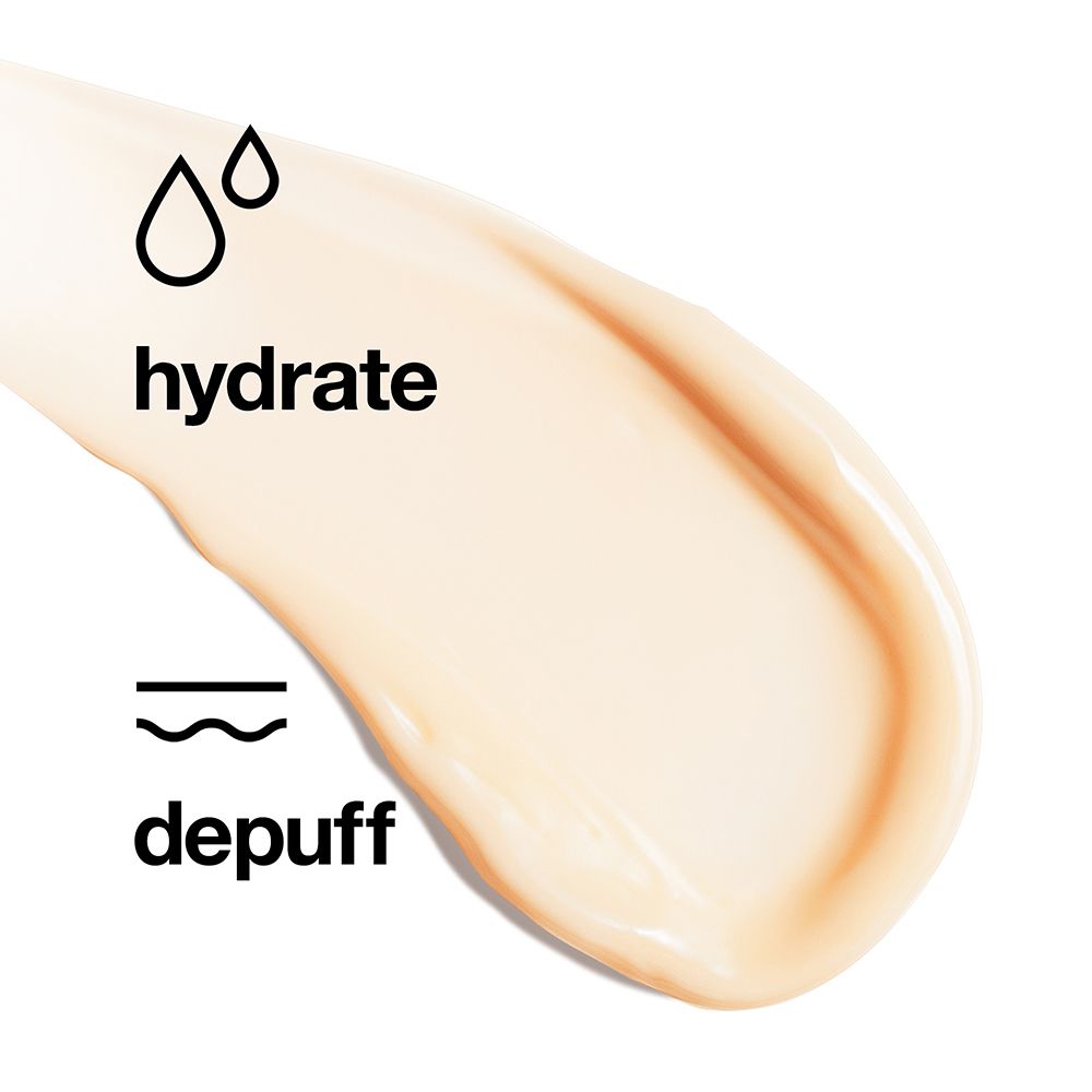 Gros plan d'une crème. Texture : claire, lisse. Inscription : hydrate, depuff. Symboles : gouttes d'eau, vagues.