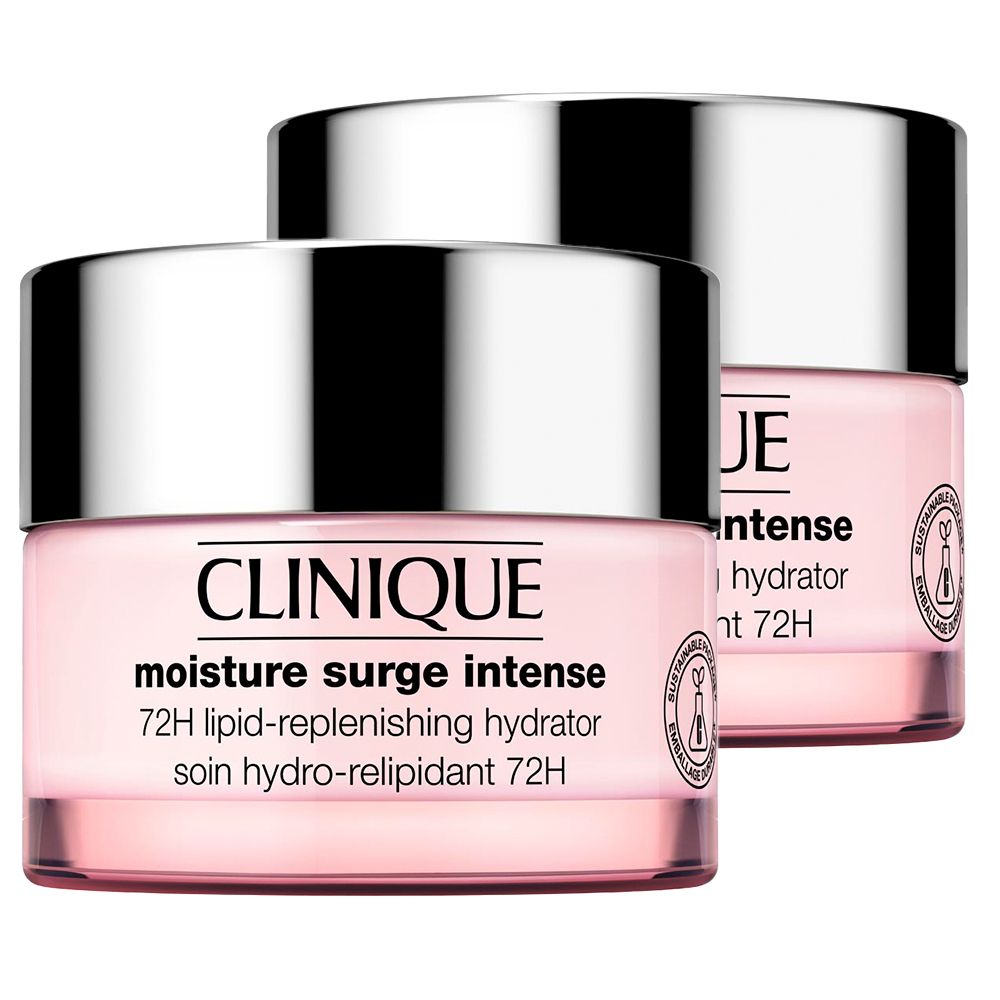 Deux pots roses avec couvercles argentés. Inscription: CLINIQUE moisture surge intense 72H lipid-replenishing hydrator.