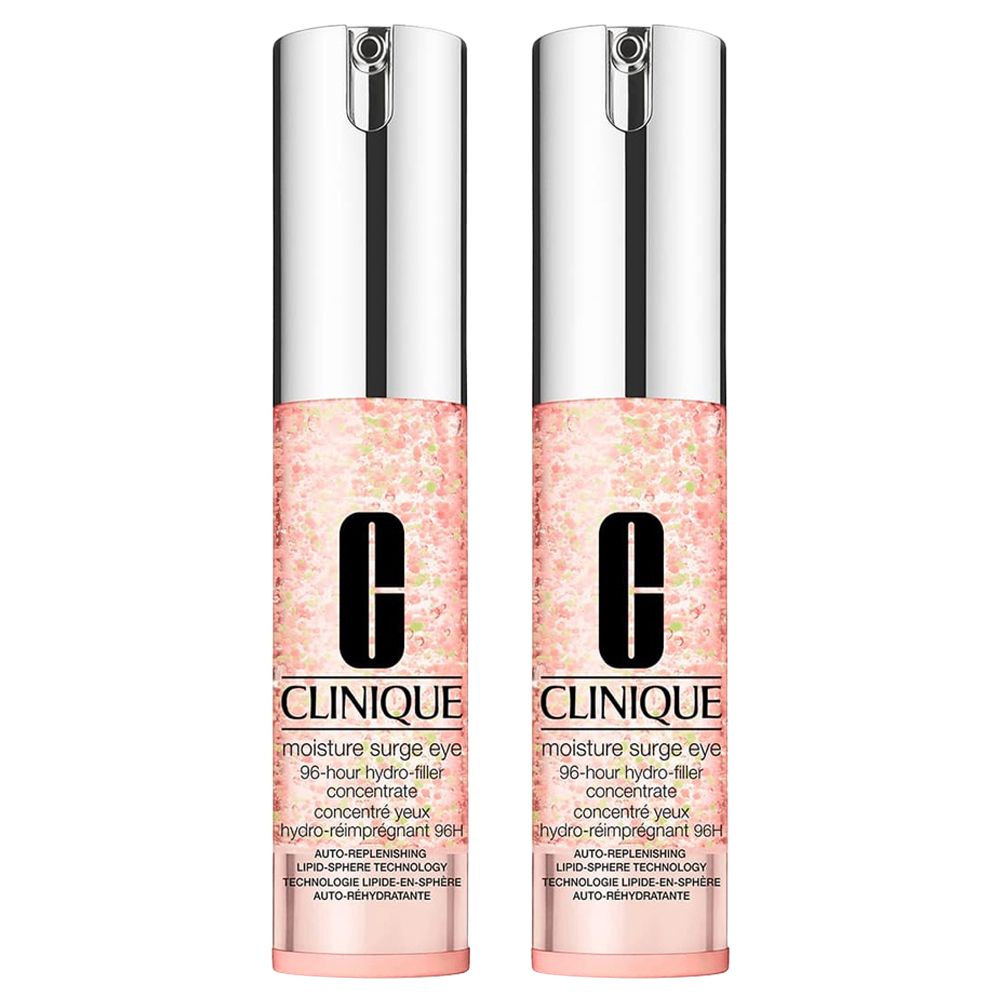 Deux flacons de CLINIQUE Moisture Surge Eye 96-Hour Hydro-Filler Concentrate. Bouchon argenté, corps rose avec texte et logo.
