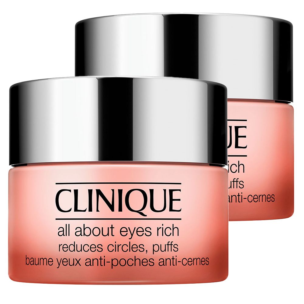 Twee roze potjes met zilveren deksels. Opschrift: "CLINIQUE all about eyes rich".