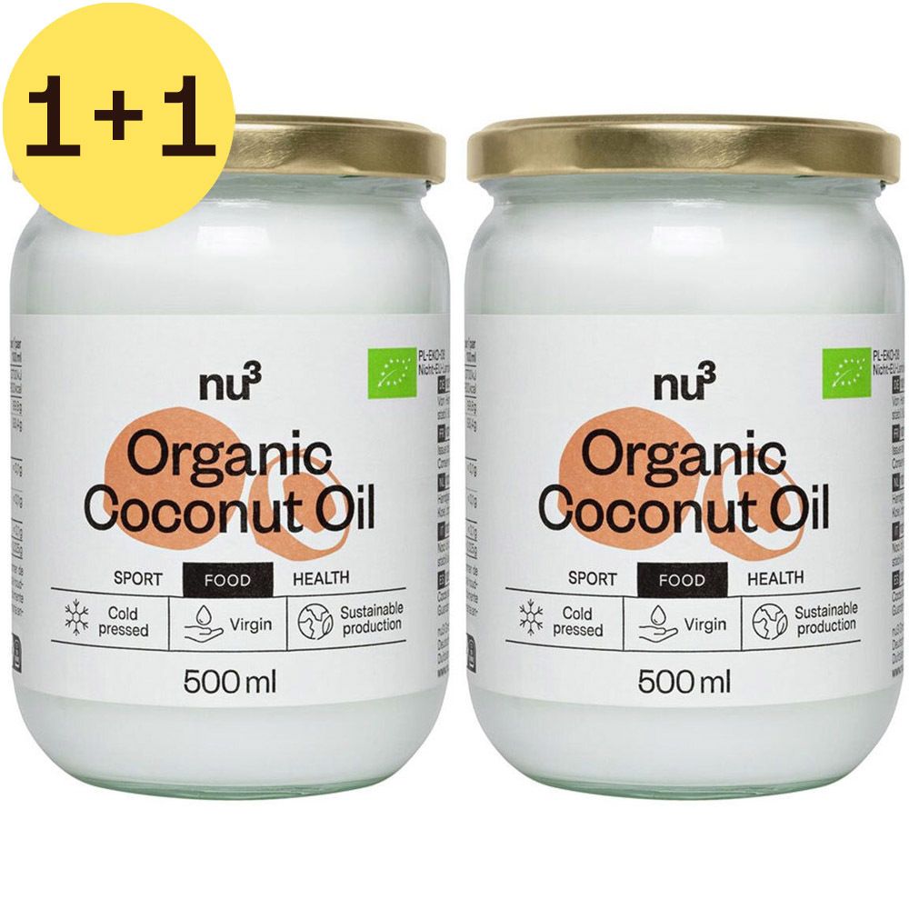 Twee potten nu3 Bio Kokosolie. Opschrift: Organic Coconut Oil, 500 ml, Cold pressed, Sport, Food, Health, Sustainable production.