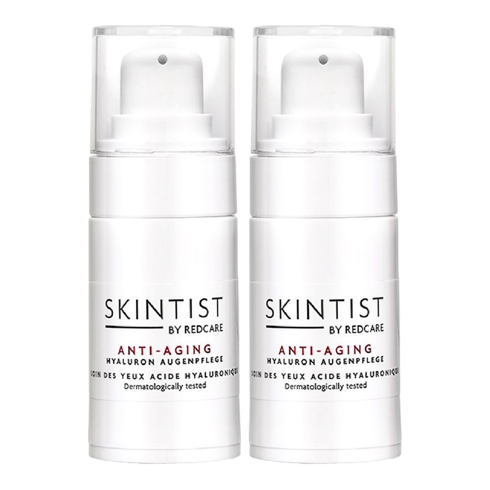 Twee witte flessen met pomp. Opschrift: SKINTIST BY REDCARE ANTI-AGING Hyaluron Augenpflege.