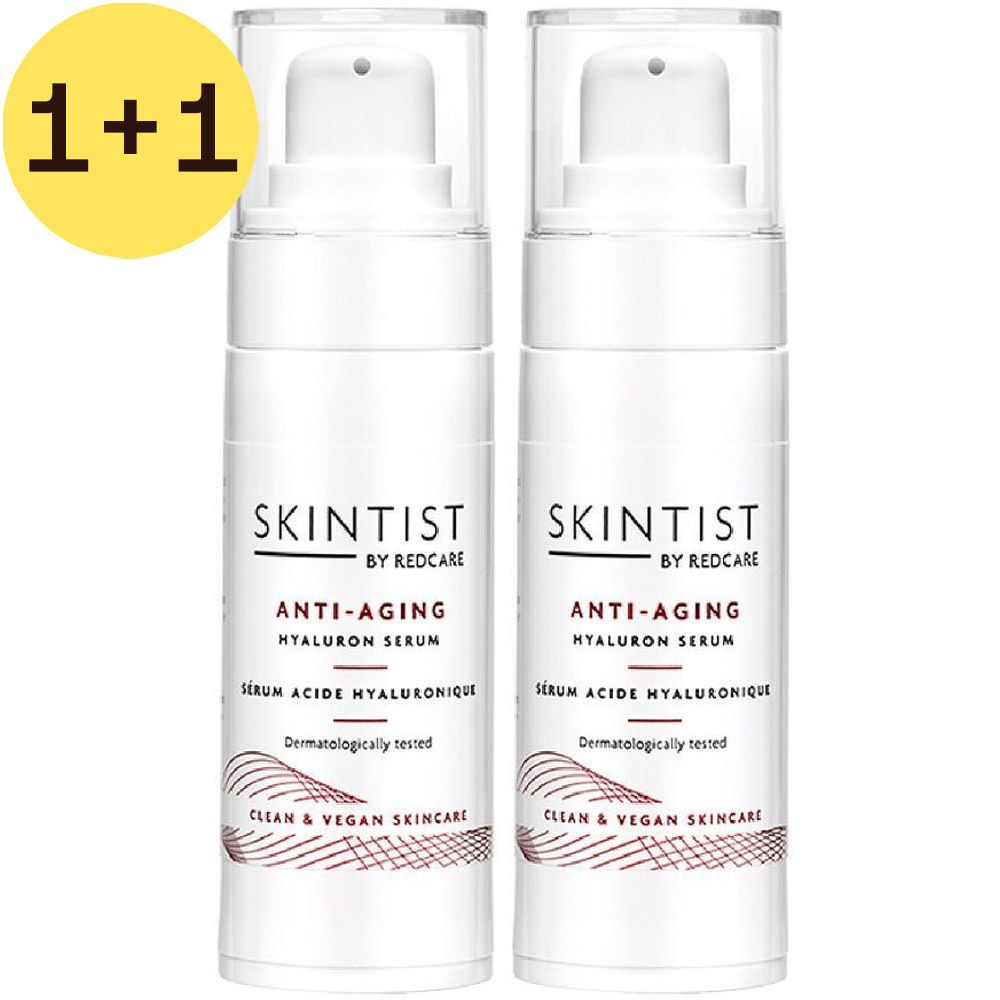 Deux flacons blancs de sérum SKINTIST Anti-Âge à l'acide hyaluronique. Inscription : Anti-Âge, testé dermatologiquement.
