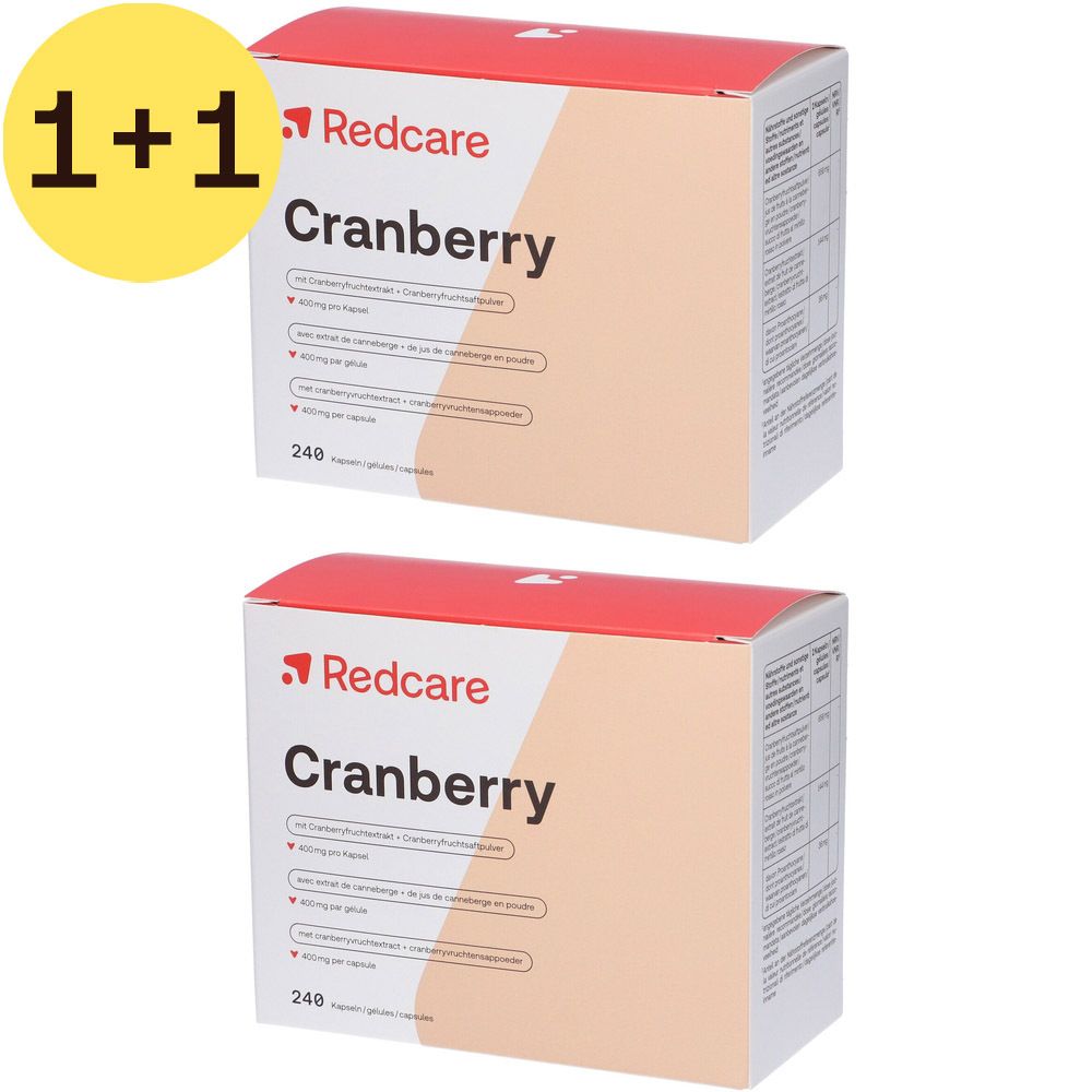 Twee dozen Redcare Vita Cranberry. Opschrift: Cranberry, 240 capsules. Bevat cranberry-extract en -poeder.