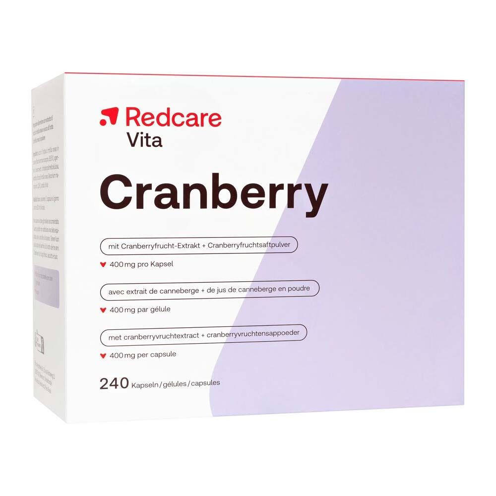 Boîte Redcare Vita Cranberry. Inscription: Cranberry, 240 gélules. Contient extrait et poudre de canneberge. 400mg par gélule.