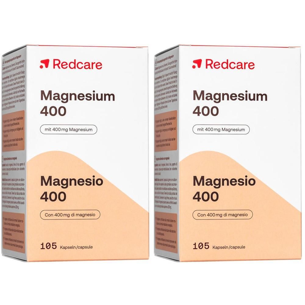 Twee dozen Redcare Magnesium 400. Opschrift: Magnesium 400, 105 capsules. Met 1+1 sticker.