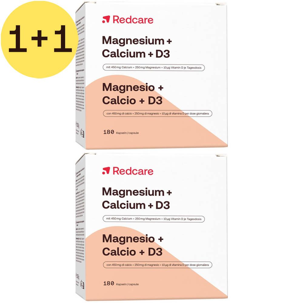 Twee dozen Redcare Magnesium + Calcium + D3 met sticker 1+1. Opschrift: 180 capsules. Bevat magnesium, calcium en vitamine D3.