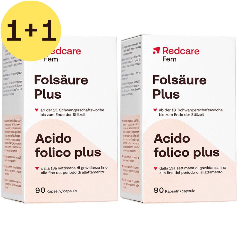 Deux boîtes de Redcare Fem Folsäure Plus. Boîtes blanches avec informations produit.