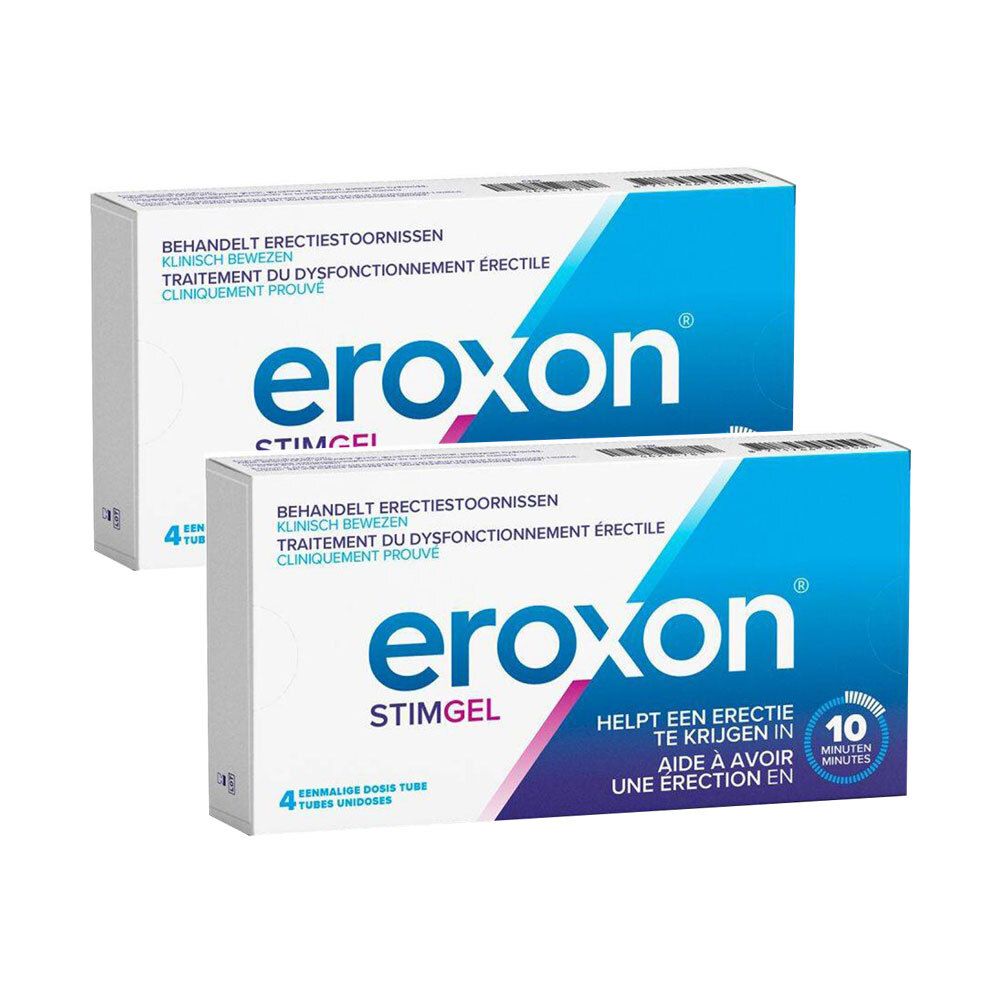 Deux boîtes d'Eroxon Stimugel. Emballage bleu et blanc avec nom et texte du produit. Contient 4 tubes doses.