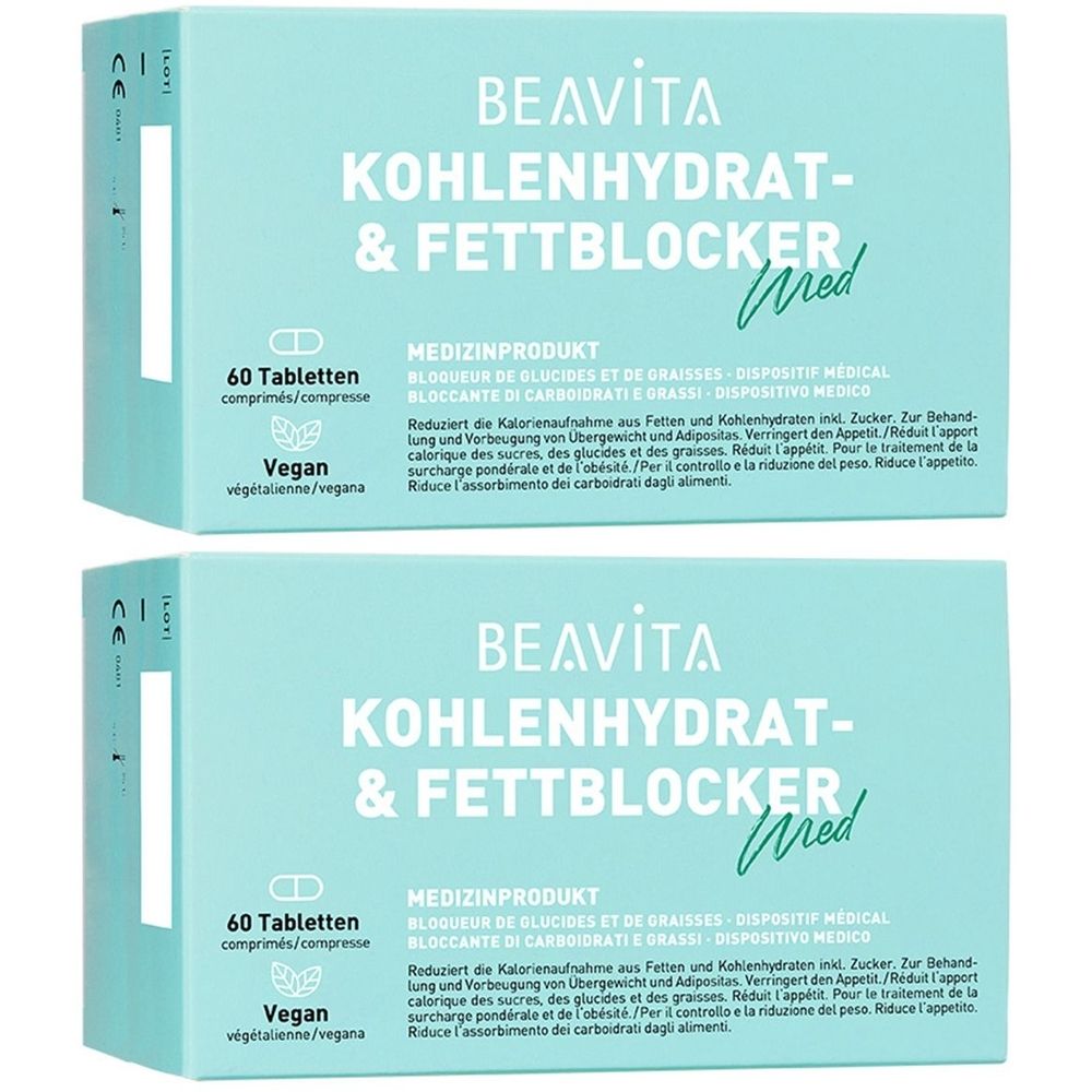 Deux boîtes bleu clair avec "BEAVITA Kohlenhydrat- & Fettblocker". Inscription : "60 comprimés", "Vegan".