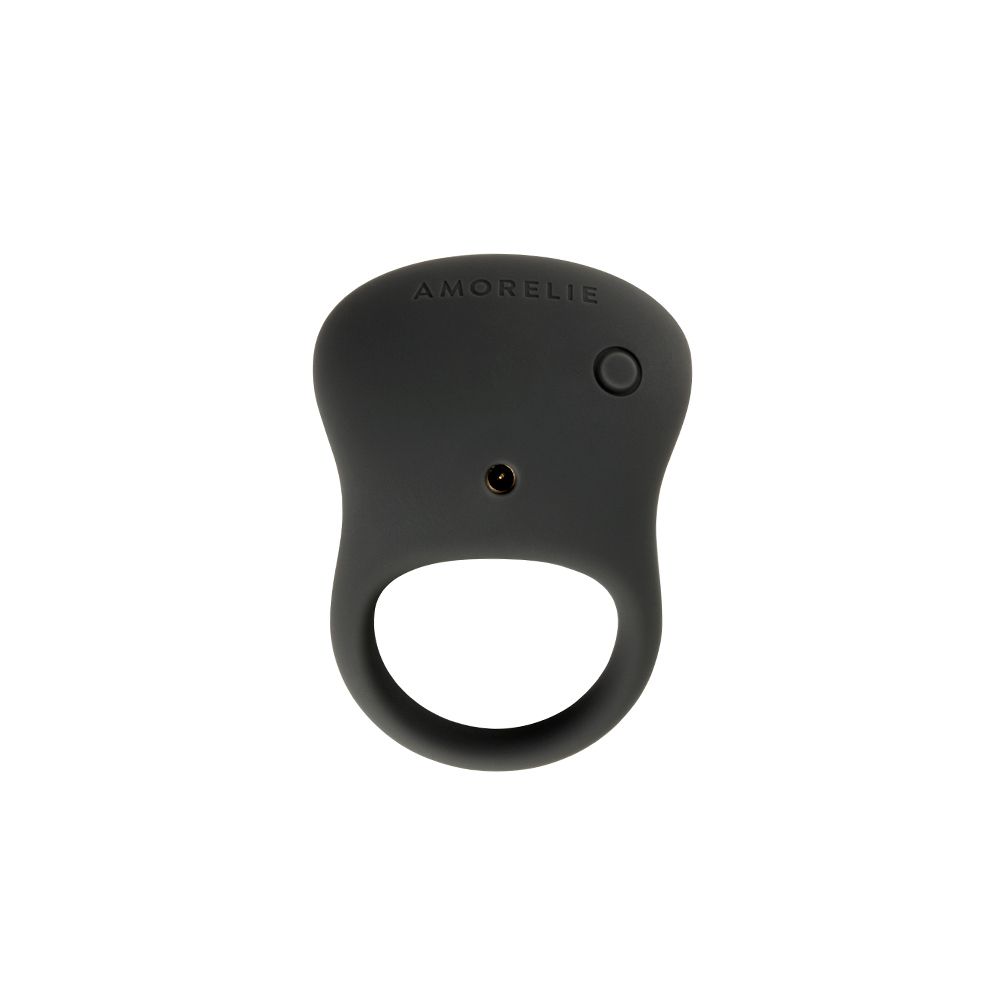 Grijze penisring met knoppen. Ringvormige opening. AMORELIE-logo.