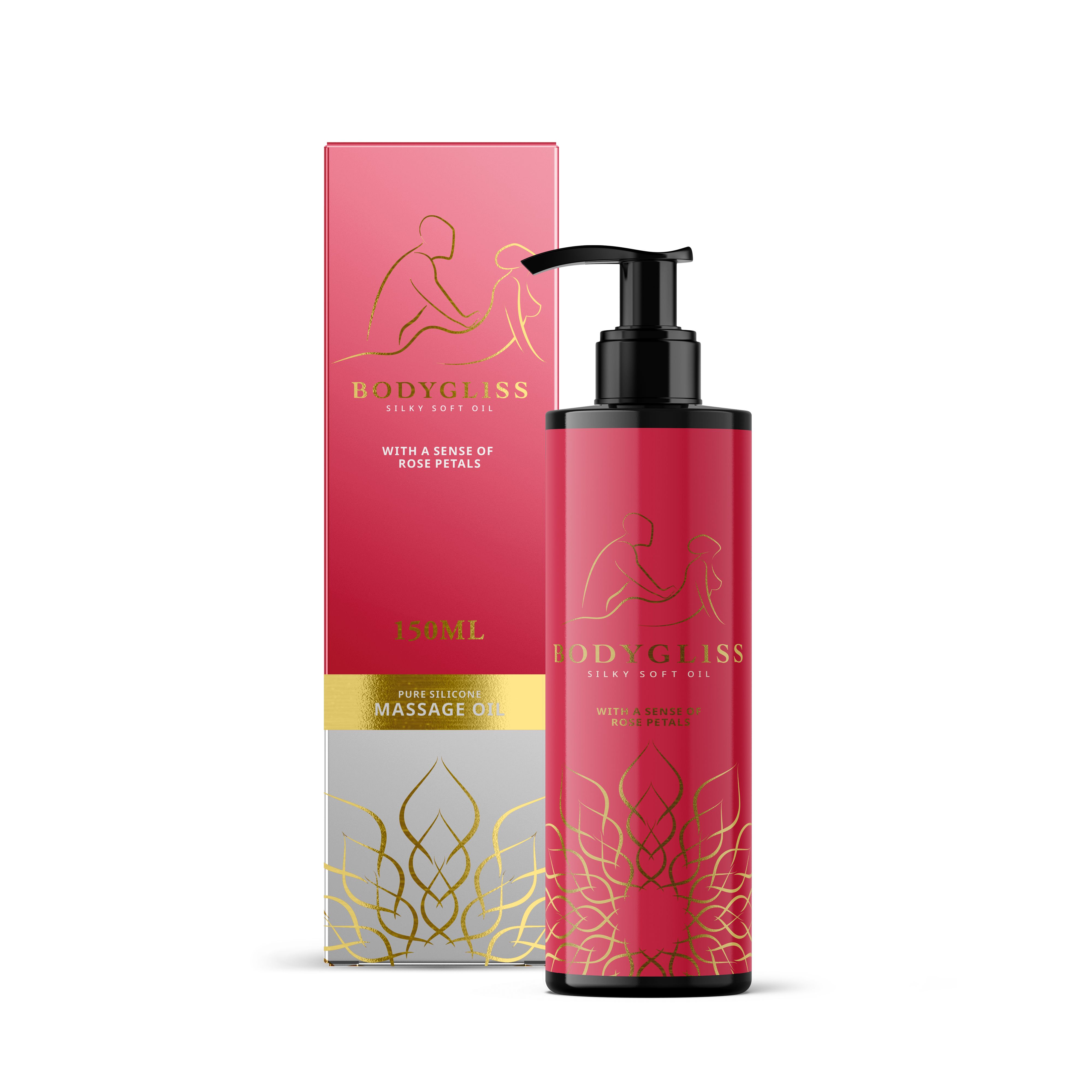 Bouteille et boîte d'huile de massage avec distributeur à pompe. Design rose et doré avec inscription 'BODY KISS'.