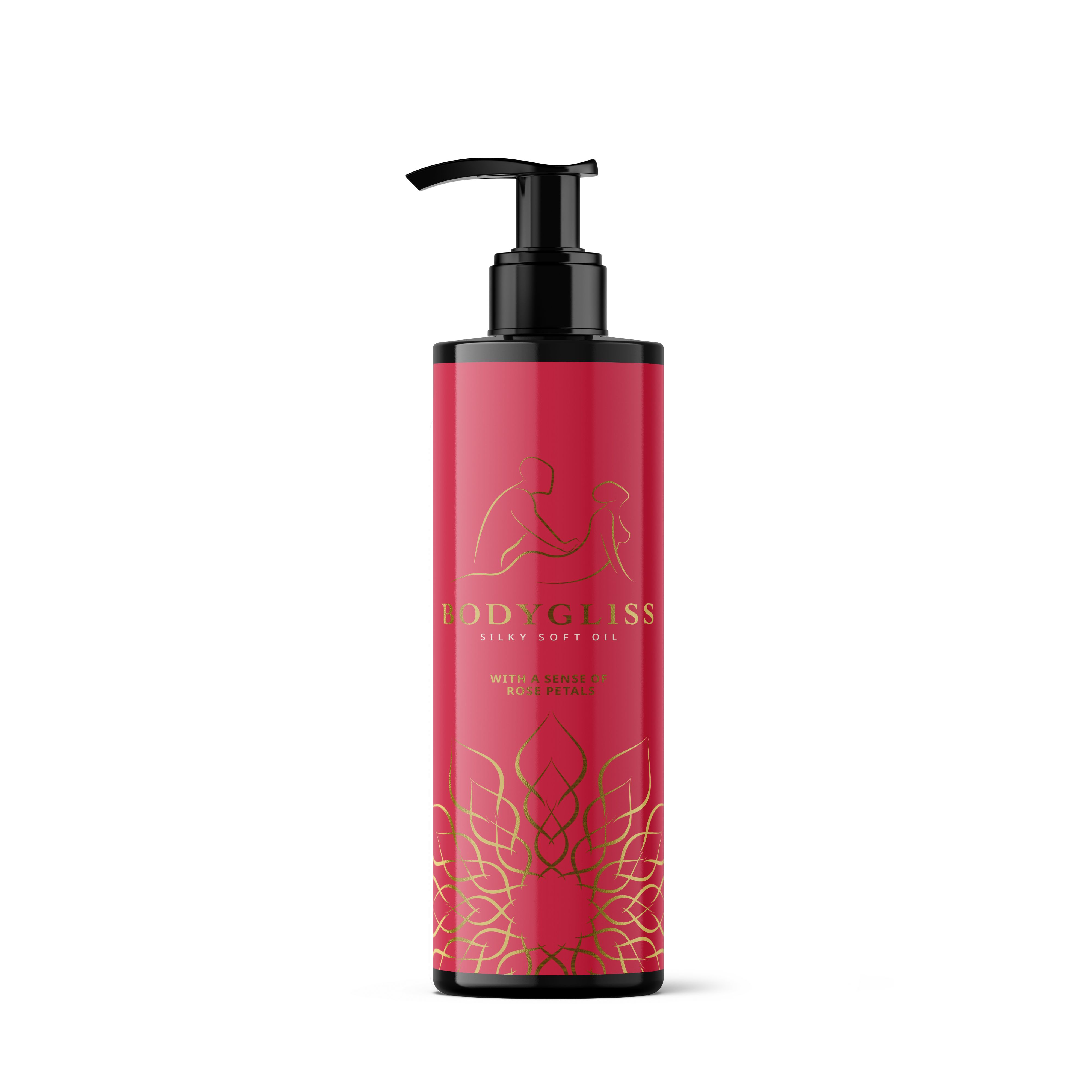 Flacon pompe, emballage rouge avec inscription dorée 'BODY GLISS SILKY SOFT OIL'.