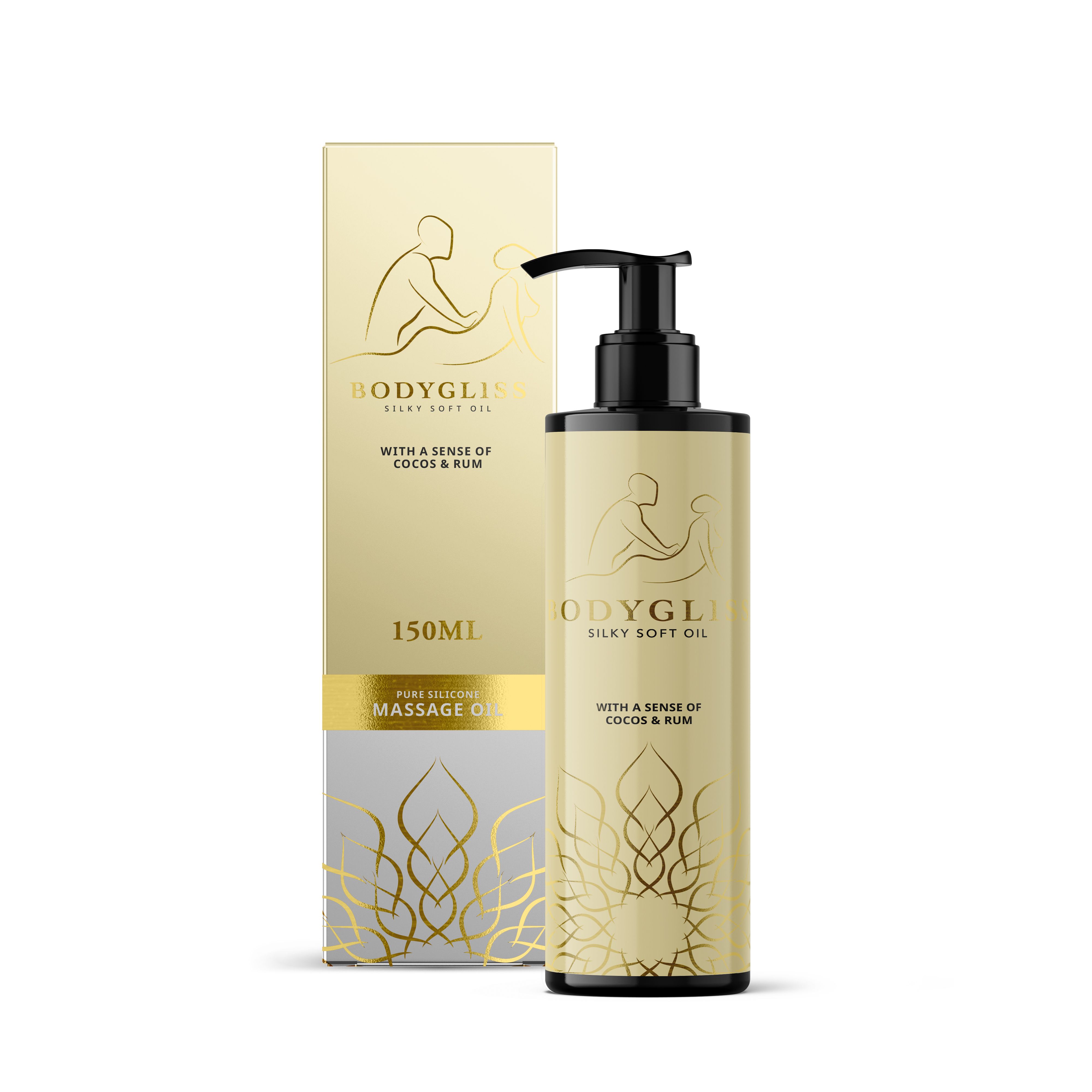 Fles en doos massageolie, 150ml, met kokos- en rumgeur.