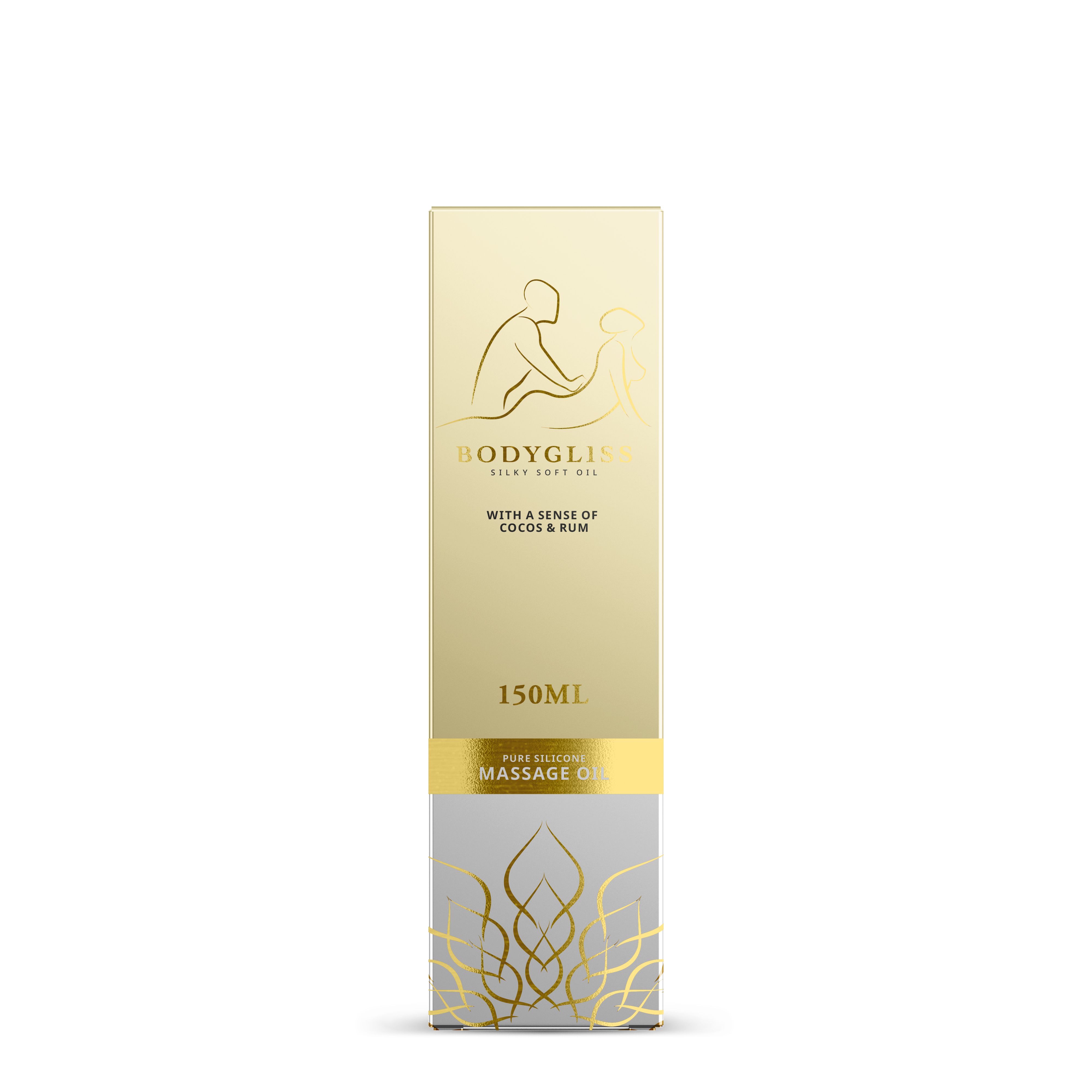 Gouden verpakking voor massageolie, 150ml, met kokos & rum geur.
