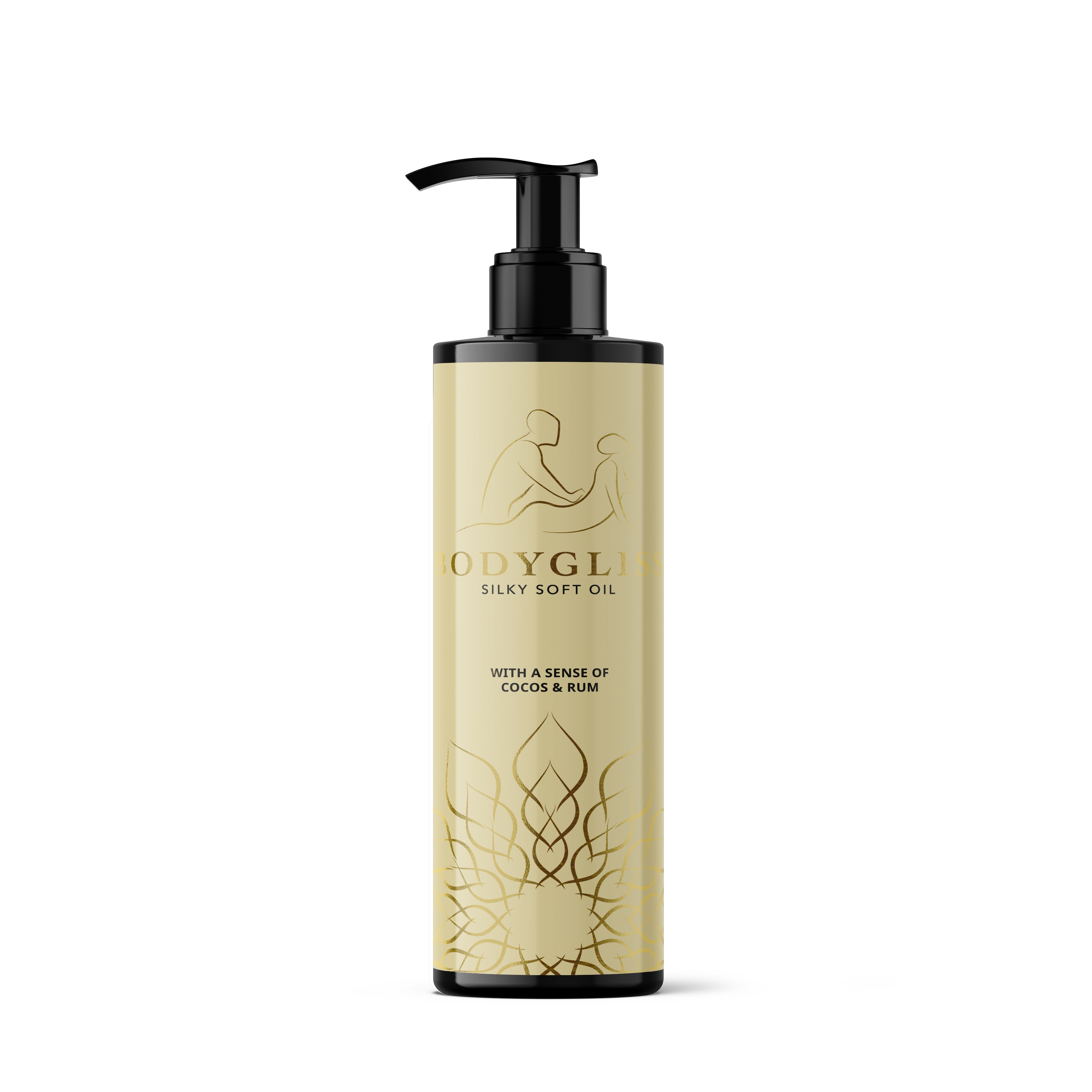 Gouden fles met pompdos, met opschrift 'ODYGLOW SILKY SOFT OIL'.