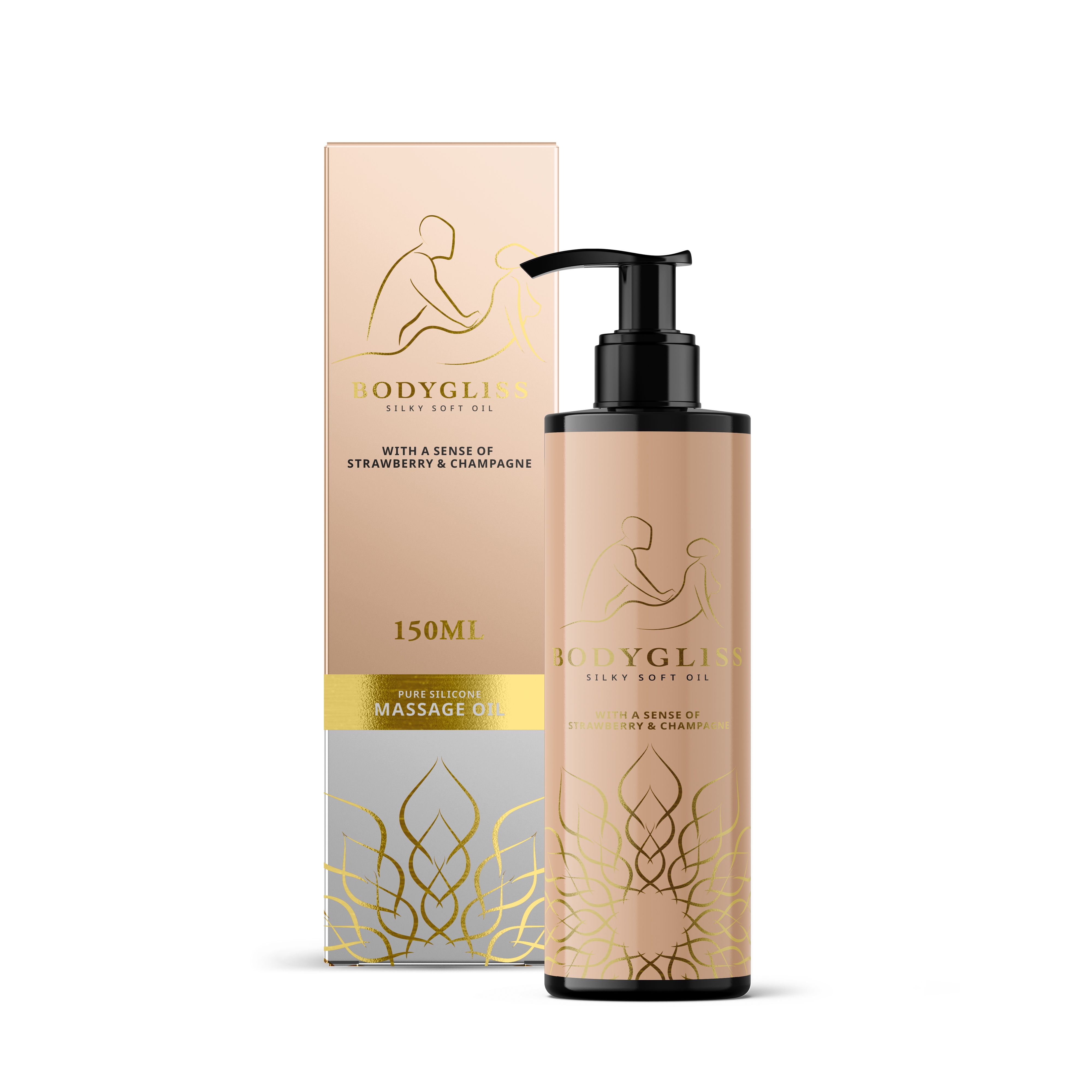 Bodygliss massageolie, 150ml, met aardbei- en champagnegeur, pompfles.