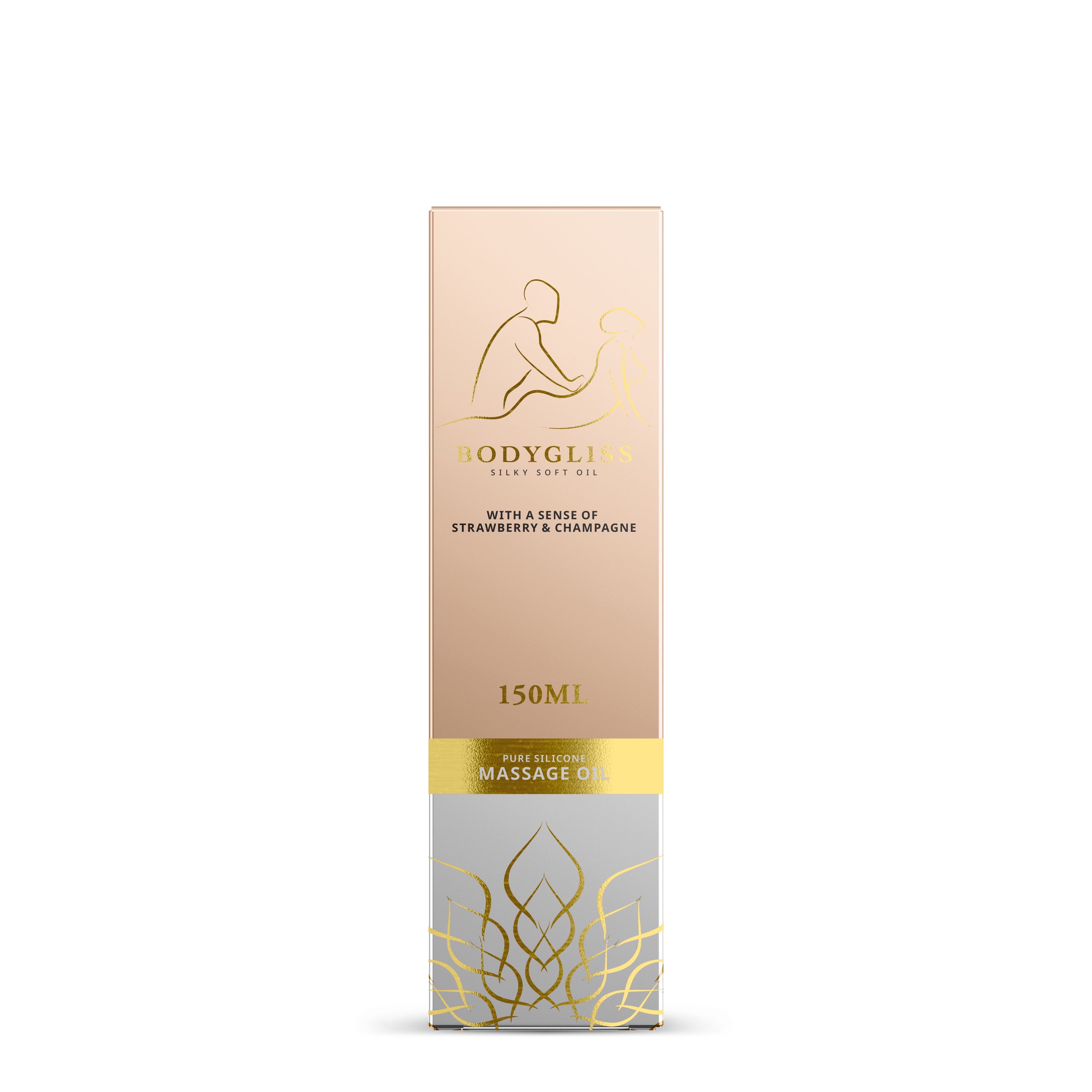 Bodygliss massageolie 150ml met aardbei-champagnegeur. Gouden tekst op roze en witte doos.