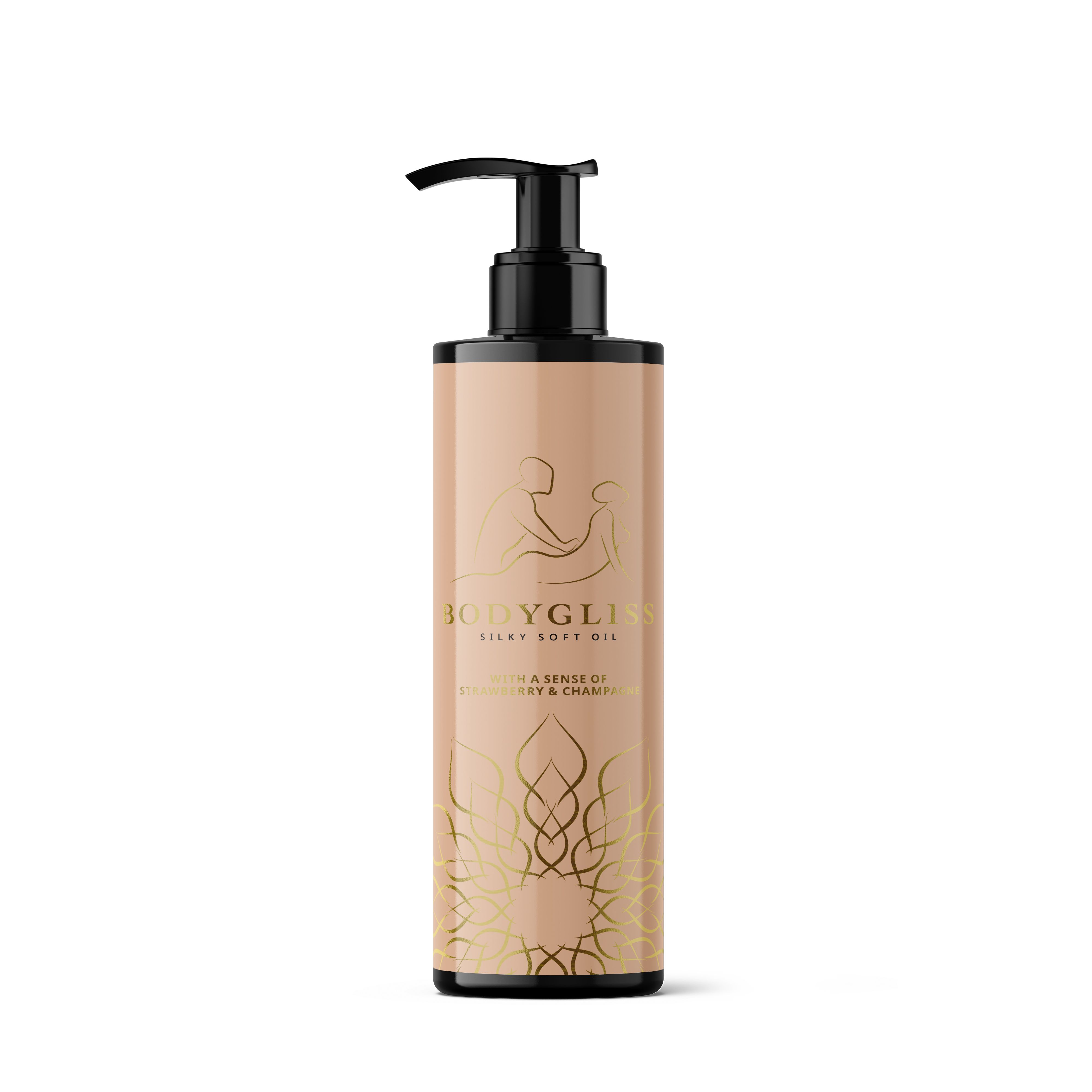 Fles met pompdos, lichtroze met gouden tekst en versieringen. Bevat 'BODYGLISS SILKY SOFT OIL'.