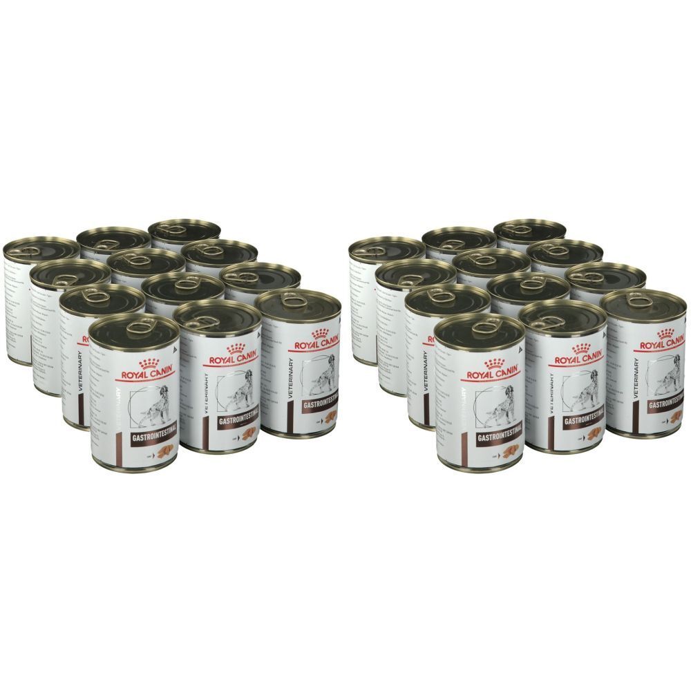 Plusieurs boîtes de nourriture pour animaux. Inscription: ROYAL CANIN Gastrointestinal Nassfutter. Emballage métallique avec étiquette.